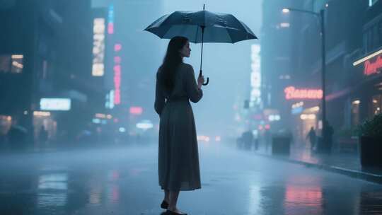 雨夜街头撑伞女子背影