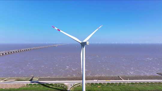 航拍上海临港新城风力发电东海风电场