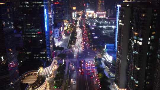 航拍广州天河区商圈十字路口交通夜景