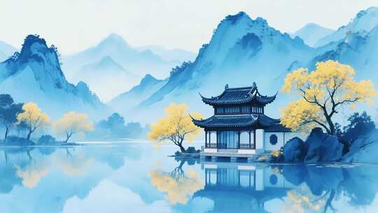 中式山水楼阁风景画面