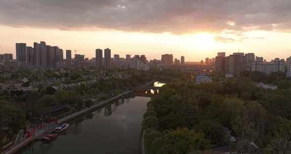 成都望江楼公园航拍美丽日落晚霞春天风景