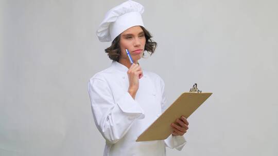 女厨师用钢笔在菜单上写字