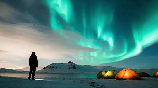 人在北极观赏极光露营场景
