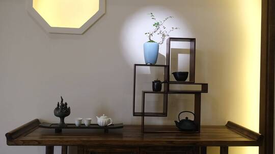 中式茶餐厅的内部装饰花瓶视频素材模板下载