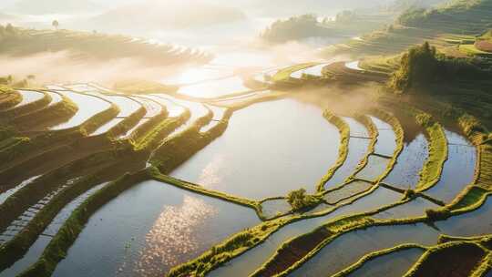 晨曦中梯田的美丽风光