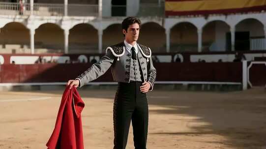 斗牛士在斗牛场手持红布