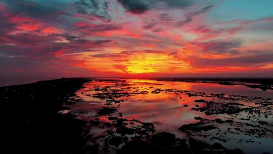 夕阳下的海边滩涂