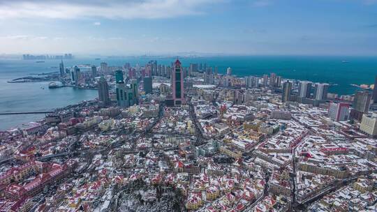 青岛城市风光雪景鸟瞰