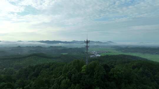 乡村信号塔航拍森林移动联通电信5G基站塔视频素材模板下载
