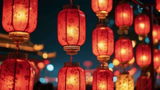 悬挂的中式红灯笼夜景