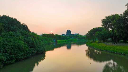 海珠湿地公园航拍广州文化馆新馆日出