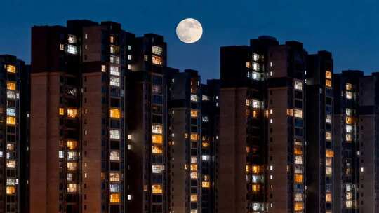 城市夜景万家灯火月亮延时