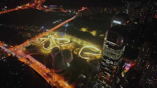 湖南长沙梅溪湖城市夜景航拍风光