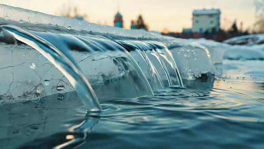 户外水流淌过结冰物体