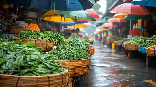 雨中菜市场蔬菜摊位景象