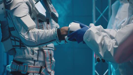 帮助宇航员穿太空服的特写镜头视频素材模板下载