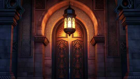 斋月灯笼挂在清真寺上，后面有一条长长的走
