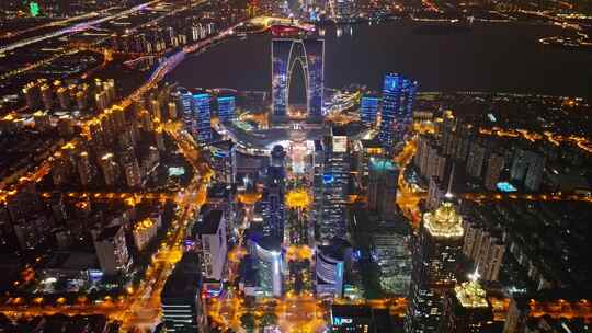 中国江苏省苏州城市风光夜景航拍