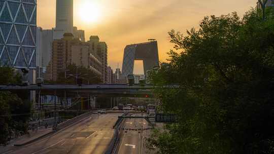 央视大楼 日转夜 国贸 CBD 北京 夕阳 车流