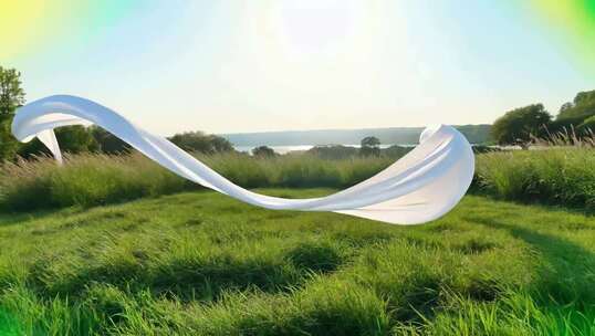 草地上飘动的白色绸带