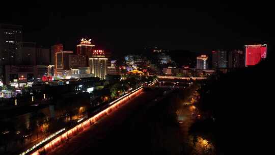 4K航拍陕西延安市夜景灯光风景