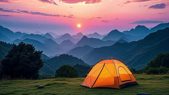 夕阳下山顶露营帐篷