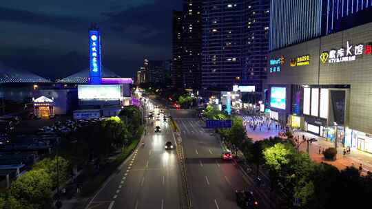 航拍湖北宜昌沿江大道万达广场夜景