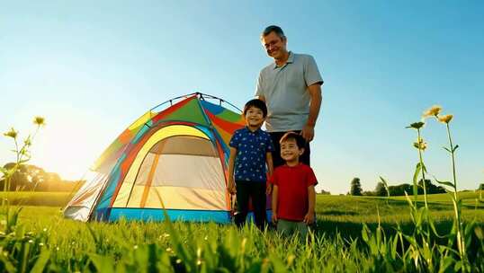 男人与儿童户外露营场景