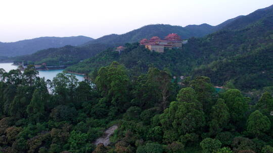 珠海金台寺佛教寺庙夕阳水库航拍