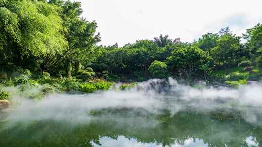中式园林庭院 雾气 晨雾 平流雾