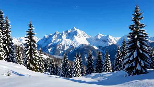 雪山下的雪松林自然风光