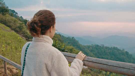 女人，视图，看，山