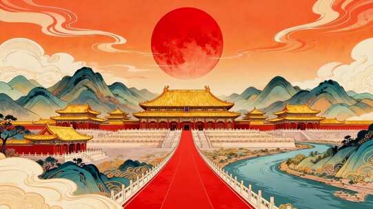 古风中秋月夜宫殿山水图景