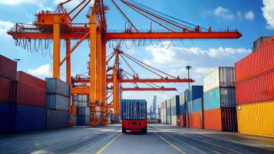 货车行驶在集装箱港口国际贸易物流运输