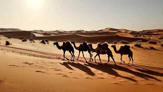 沙漠中行走的骆驼队