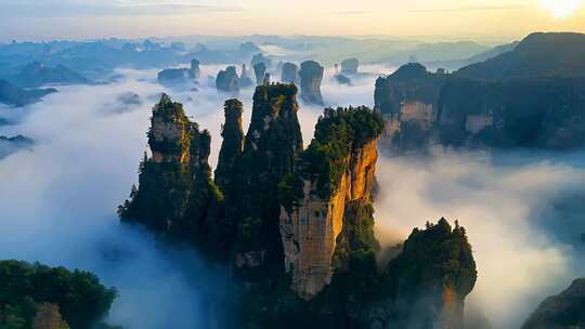 航拍张家界山峰云海日出云雾仙境自然风景