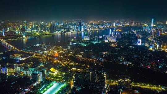 航拍延时武汉长江黄鹤楼夜景全景