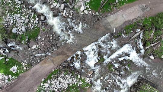 无人机俯拍新疆伊犁恰西森林公园道路旁小溪