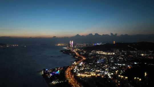 厦门夜景环岛路航拍海滨城市风光双子塔晚霞