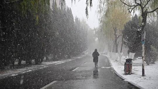 冬天大雪纷飞，一个人行走在街道上的慢镜头
