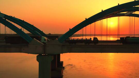 航拍高速公路大桥夕阳