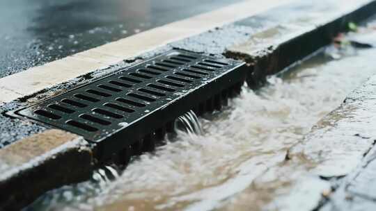 雨天道路排水口排水画面