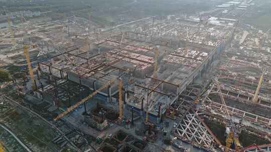上海基础建设松江枢纽及建筑工地全景视频素材模板下载