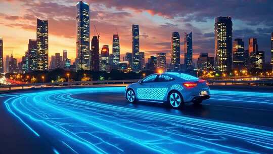 城市道路上行驶的科技感汽车