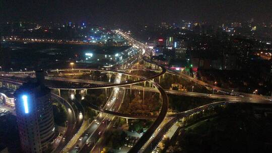 航拍山东济南顺河路高架桥交通夜景