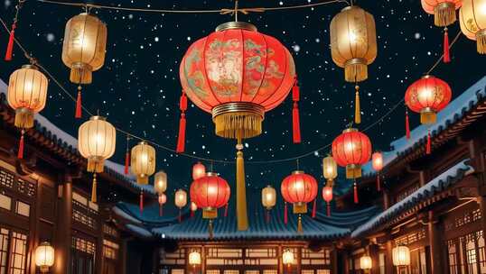古风建筑挂红灯笼雪景画面