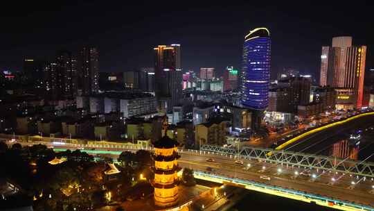 鸟瞰安徽芜湖城市夜景全景航拍