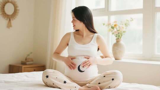 孕妇卧室中轻抚腹部