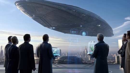 人群眺望未来城市上空的飞船