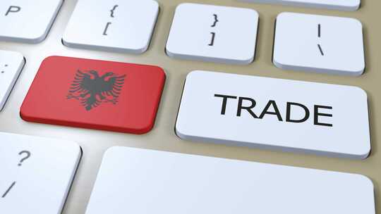 按钮3D动画上的阿尔巴尼亚国旗和贸易文本